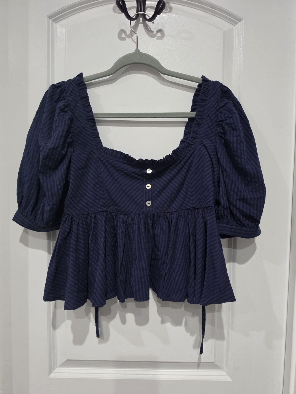 Navy Square-Neck Puff Sleeve Peplum Blouse with Button Front